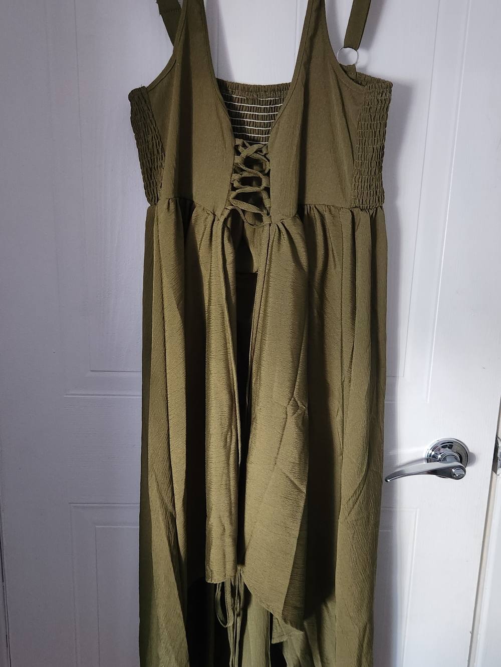 Olive Green Smocked Lace-Up Maxi Dress